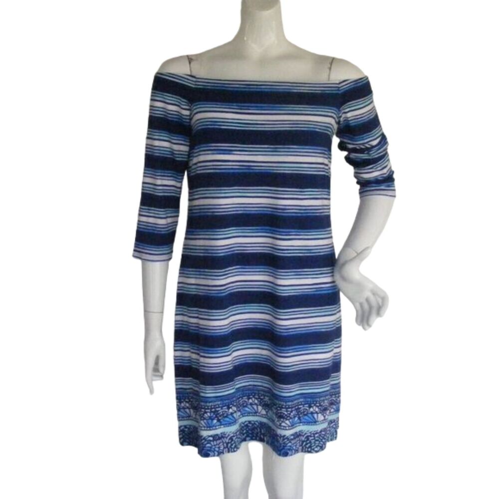 new LILLY PULITZER Dress, L, Blue/White, Laurana, Off-Shoulder, Rayon blend